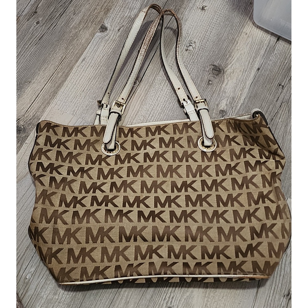 MIchael Kors Signature Jet Set Logo Canvas Shoulder Tote Bag Mocha Leather Trim